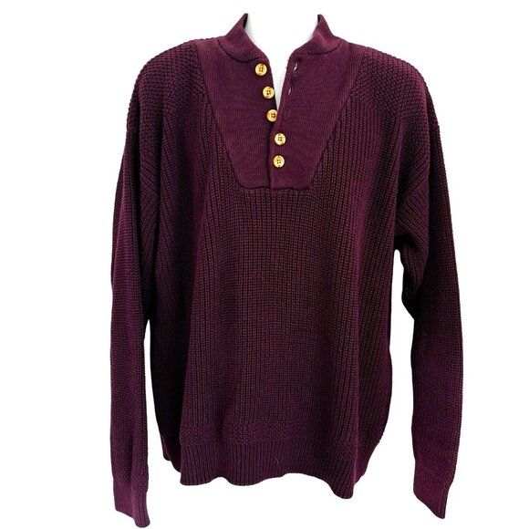 Vtg Eddie Bauer Men XL Henley Pullover Knit Sweater Burgundy Fisherman Outdoor - Picture 1 of 10